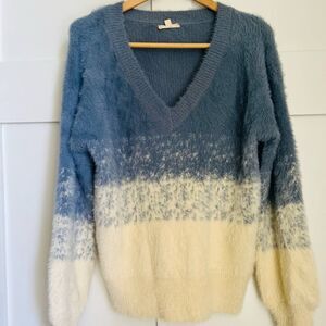 Mystree Blue and White Gradient V-Neck Sweater